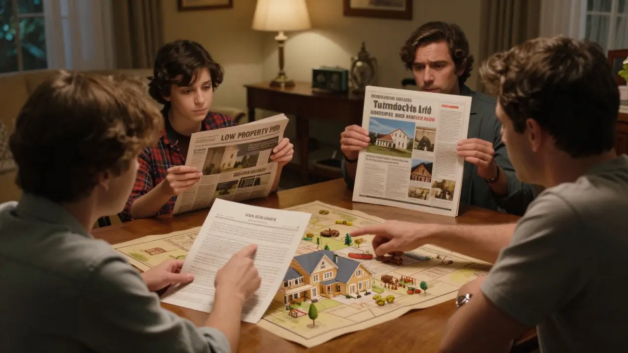 Familie bespricht Hausurkunde mit altem Zeitungsartikel und modernem Immobilienangebot.