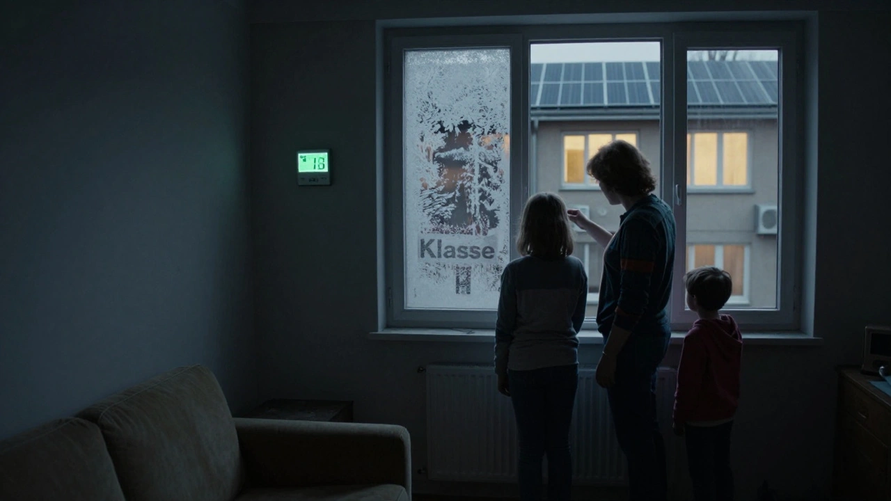 Familie in einer kalten, undichten Wohnung mit Energieausweis Klasse H, während draußen ein modernes Haus wärmer leuchtet.