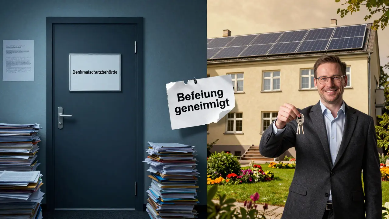 Gegensatz: verweigerte Befreiung links, erfolgreiche Sanierung rechts.