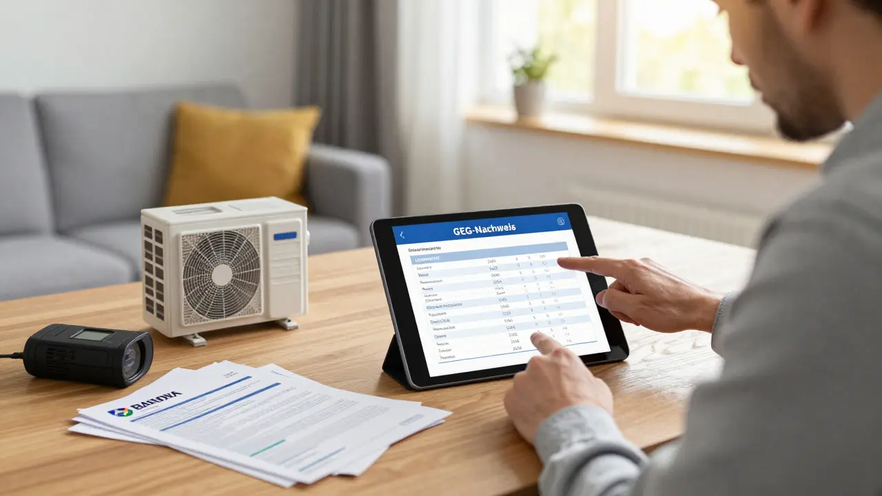 Hausbesitzer und Energieberater analysieren gemeinsam einen GEG-Nachweis auf einem Tablet.