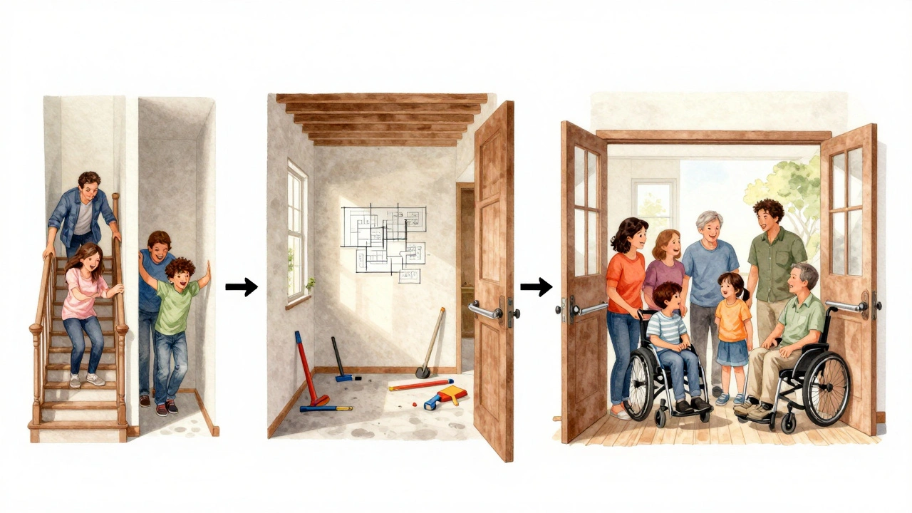 Konzeptuelle Darstellung eines Hauses, das sich von barrierebehaftet zu barrierefrei entwickelt — für alle Generationen.