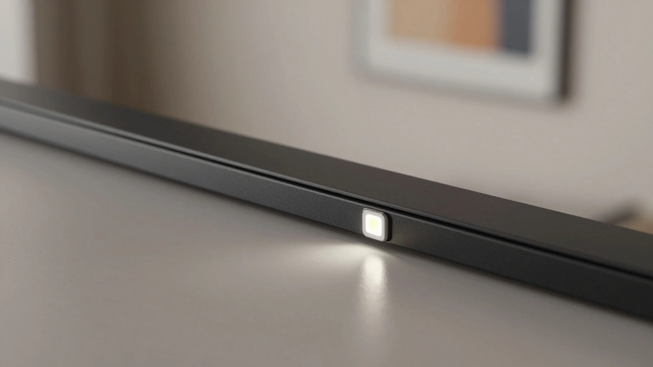 Nahaufnahme einer magnetischen LED-Leuchte, die ohne Werkzeug an einer dünnen, schwarzen Stromschiene befestigt wird.