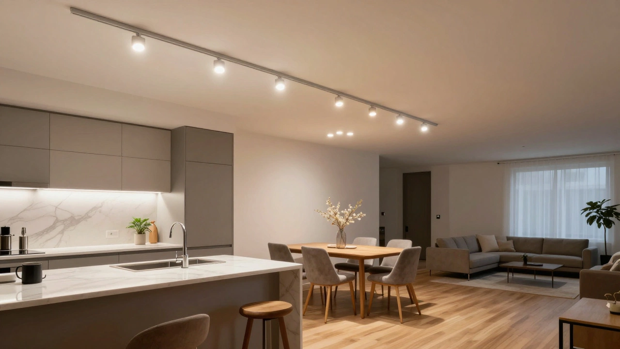 Offener Wohn-Küchenbereich mit dreiteiliger Stromschiene, die Küche, Essbereich und Wohnzone unabhängig beleuchtet.