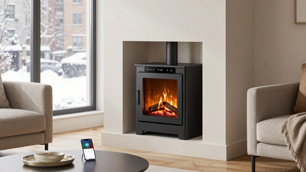 Pelletofen mit digitalem Display in einer Wandnische, verbunden mit Smart-Home-Technologie in einer städtischen Wohnung.