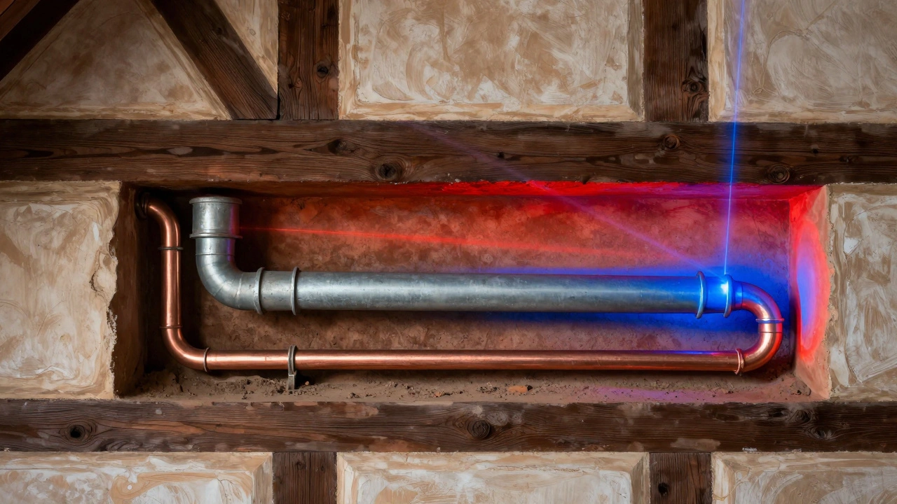 Querschnitt durch eine Fachwerkwand mit drei verschiedenen Leitungssystemen aus verschiedenen Jahrzehnten.