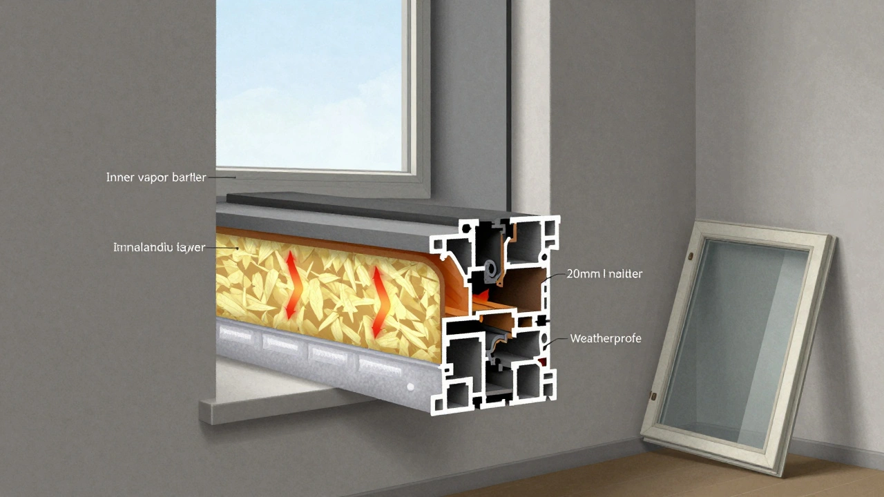 Querschnitt eines perfekten Fensteranschlusses mit drei Schichten: Dampfbremse, Dämmung, Windschutz.