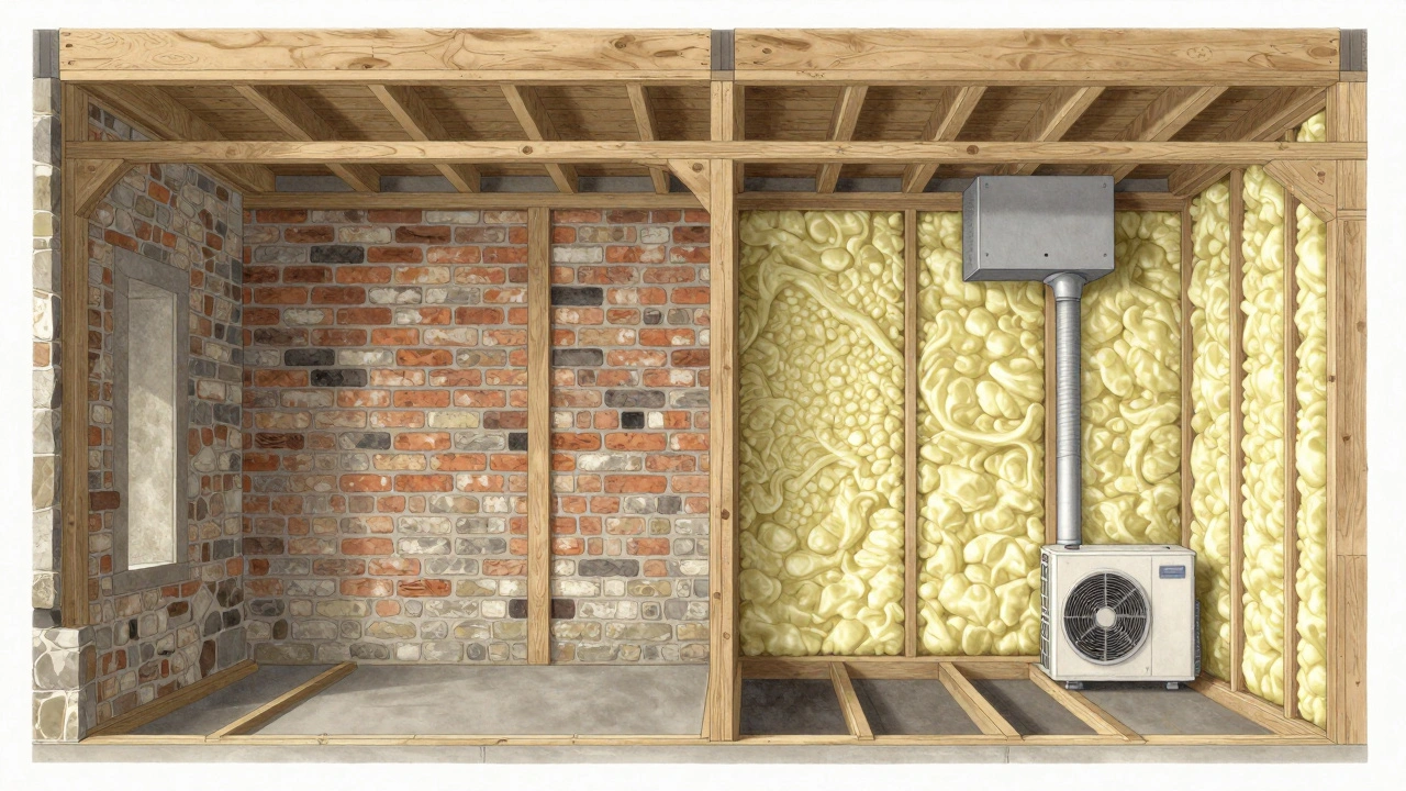 Schnittansicht eines Altbaus mit moderner Innendämmung und Lüftungsanlage, originaler Mauerwerk und Holzdetails sichtbar.