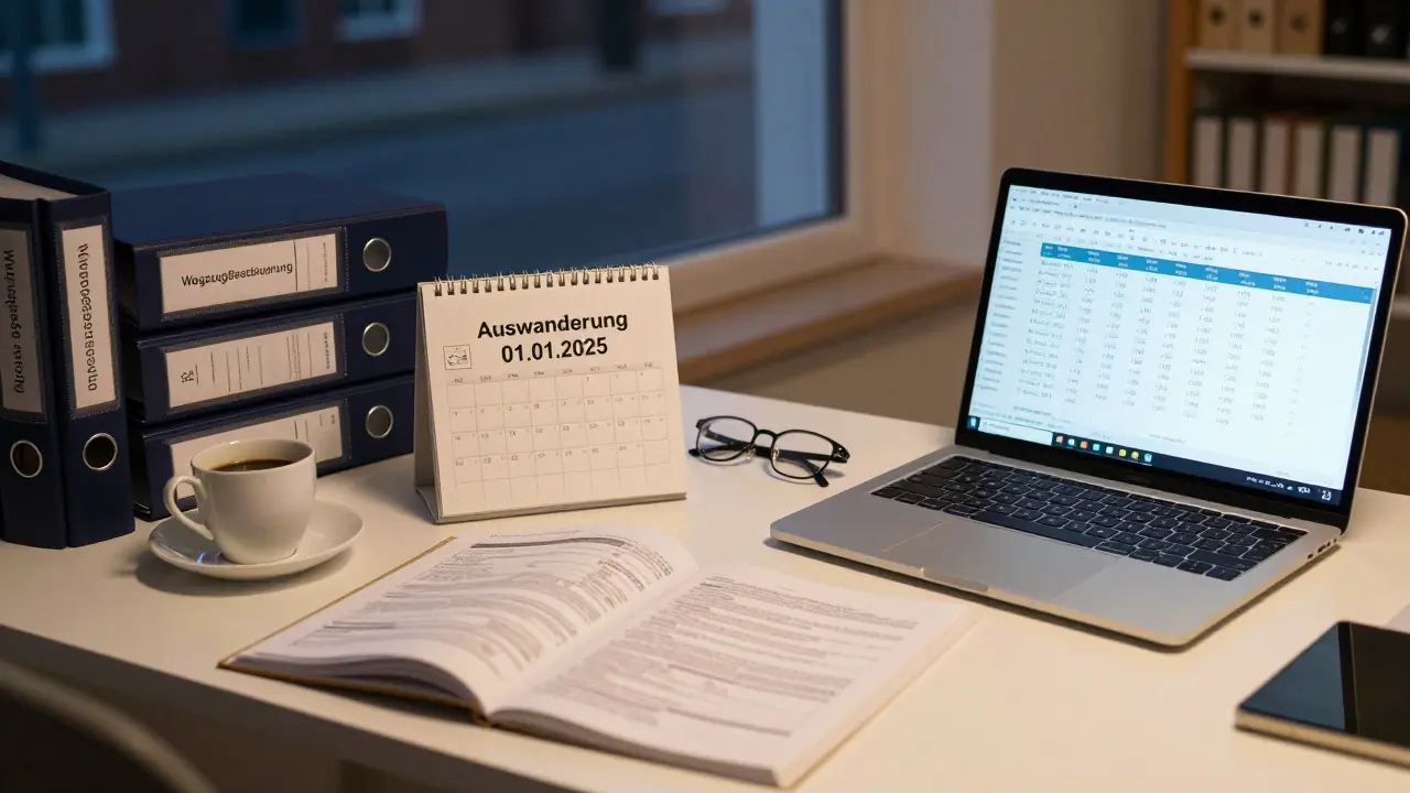 Steuerberater-Büro mit Gutachten, Kalender und Laptop, lampe beleuchtet Dokumente.