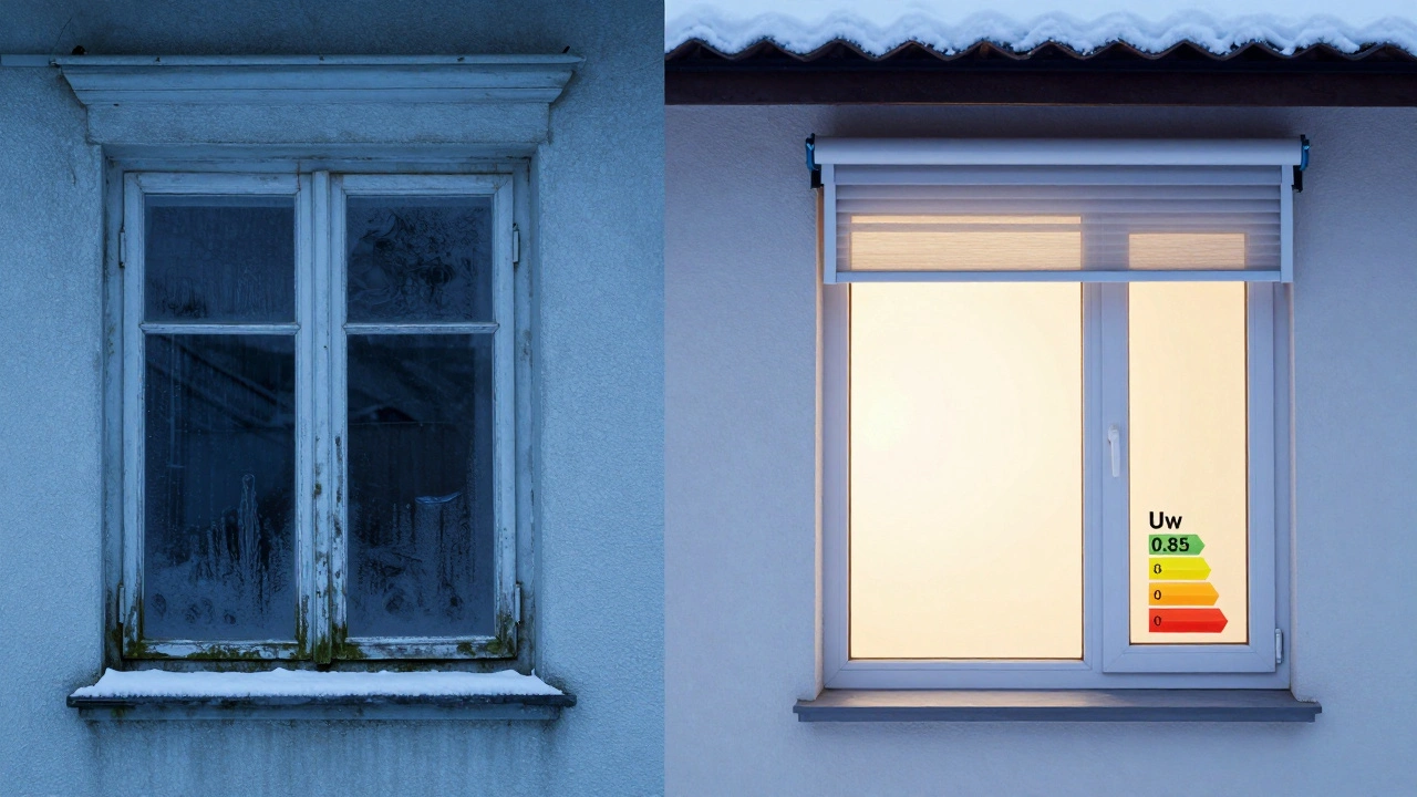 Vergleich: altes fenster mit Schimmel vs. modernes energieeffizientes fenster mit Wärmeinside.