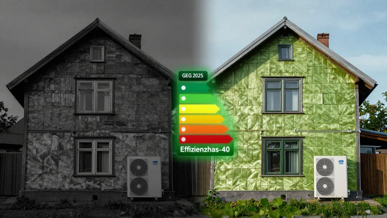 Vergleich eines alten Hauses mit Ölheizung und eines sanierungsgeprüften Hauses mit Wärmepumpe.