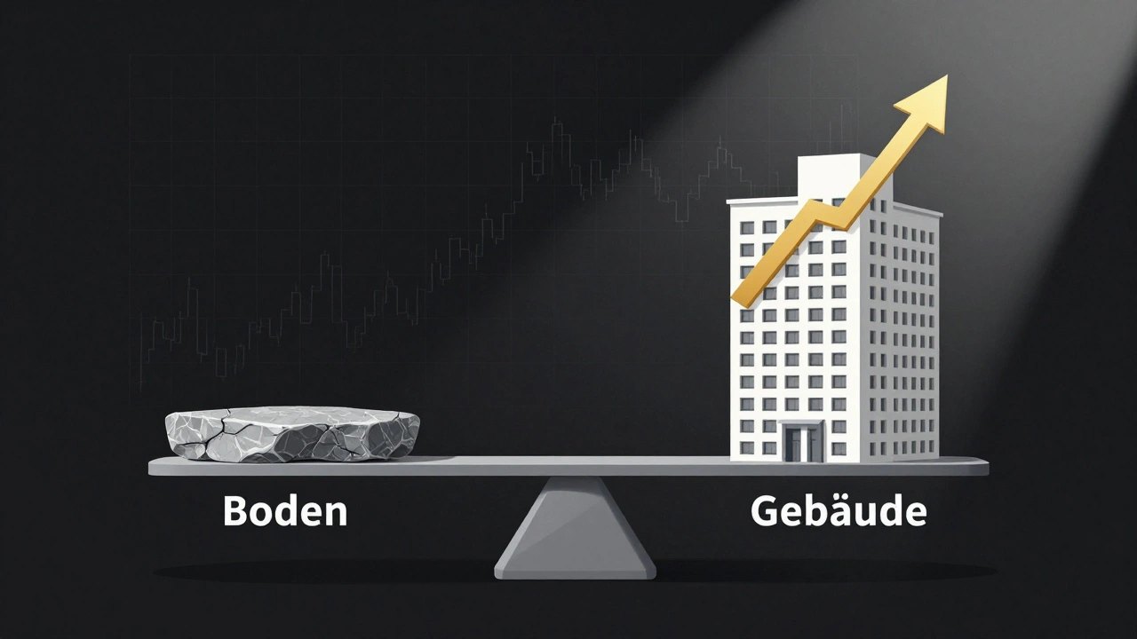 Waage mit Grundstück und Gebäude, das Gebäude strahlt goldene Abschreibungsstrahlen aus.