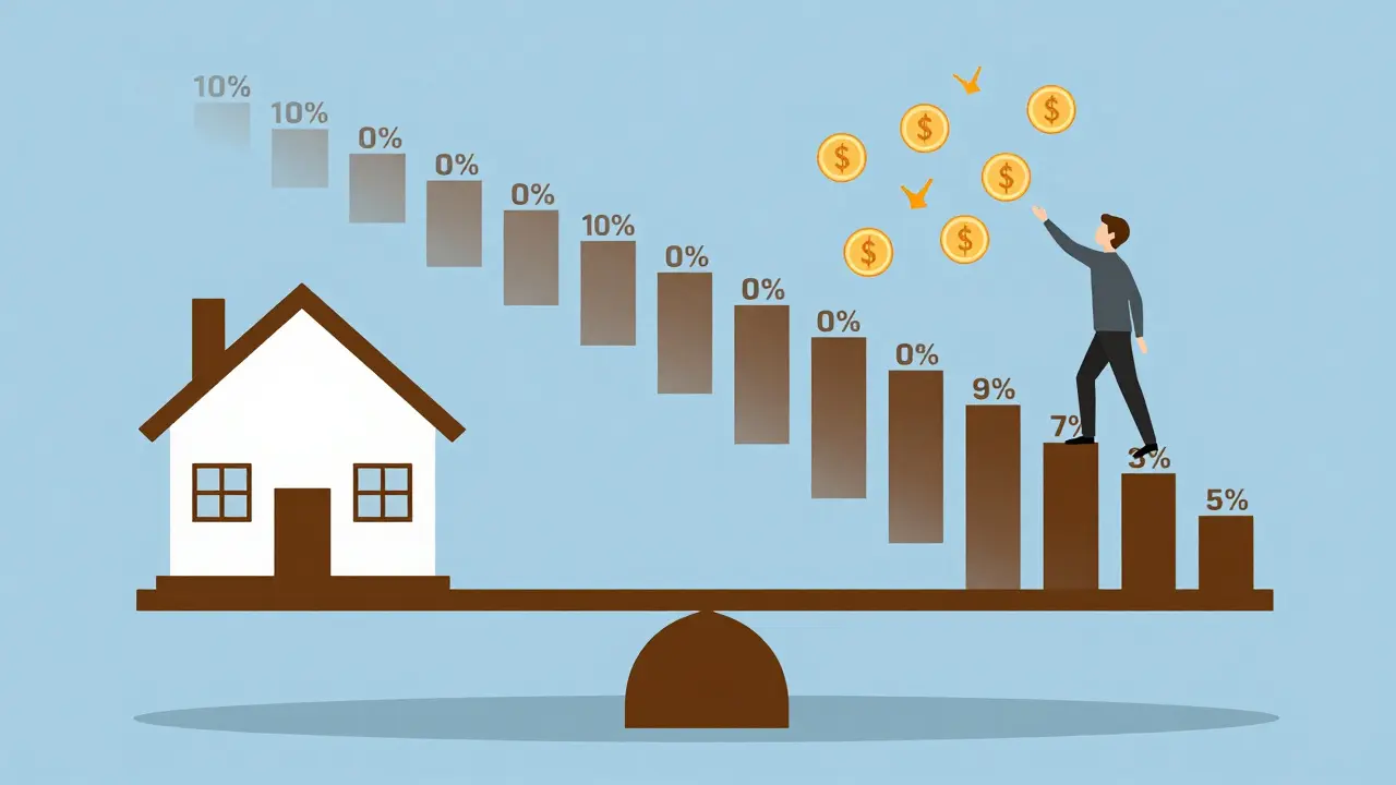 Waage mit Haus und abschmelzendem Prozentsatz, symbolisiert das Niederstwertprinzip über zehn Jahre.