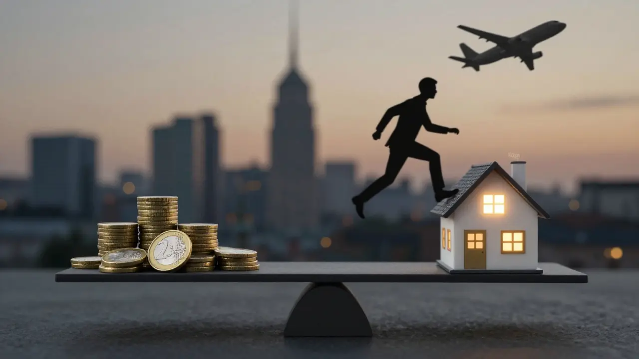 Waage mit Haus und Geldstapel, Schattenfigur geht weg, 2025 auf dem Haus.