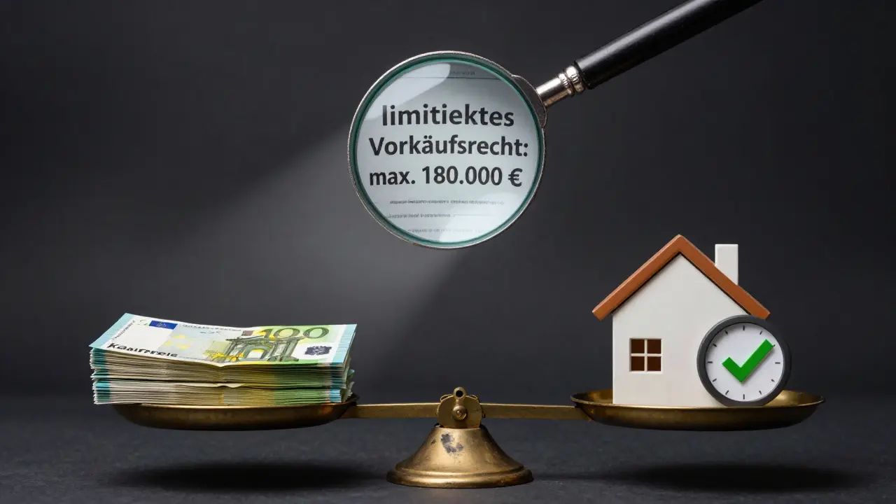 Waage mit Kaufkosten auf einer Seite und einem limitierten Vorkaufsrecht mit Uhr als Symbol für Einsparung auf der anderen.