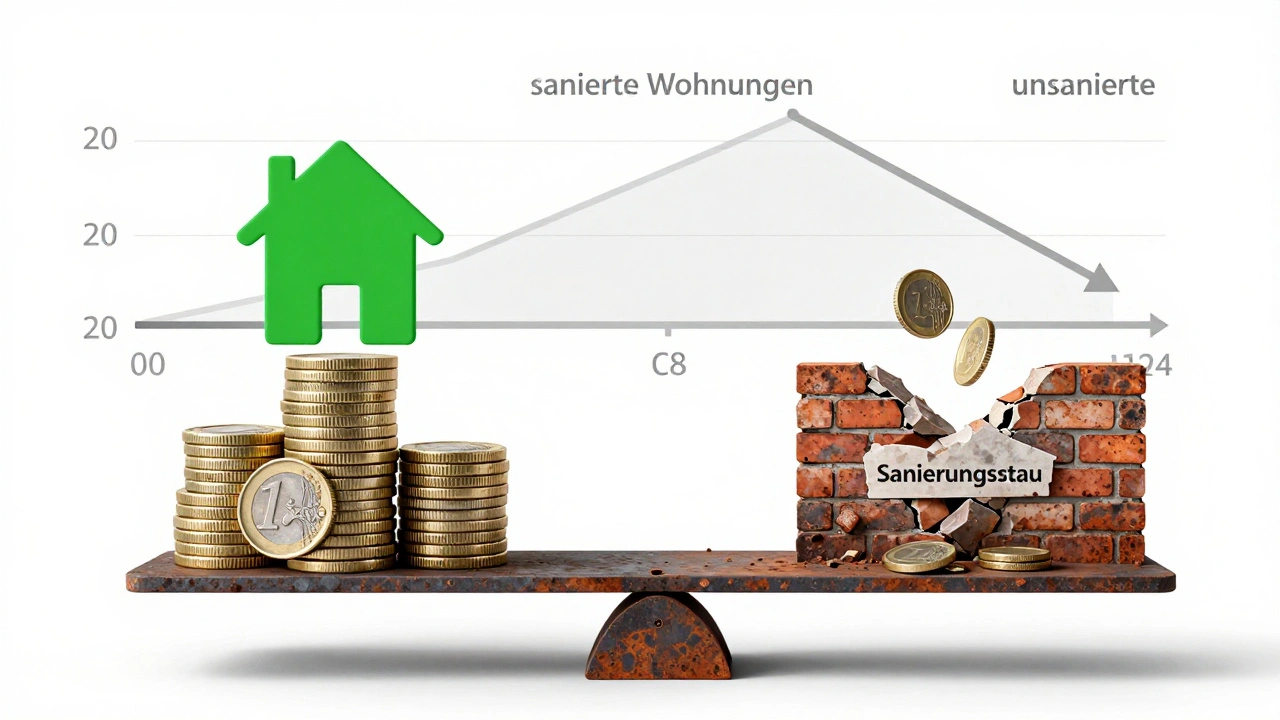 Waage mit sanierten Immobilien auf der Gewinnsseite und Sanierungsstau auf der Verlustseite, symbolisch dargestellt in minimalistischem Stil.
