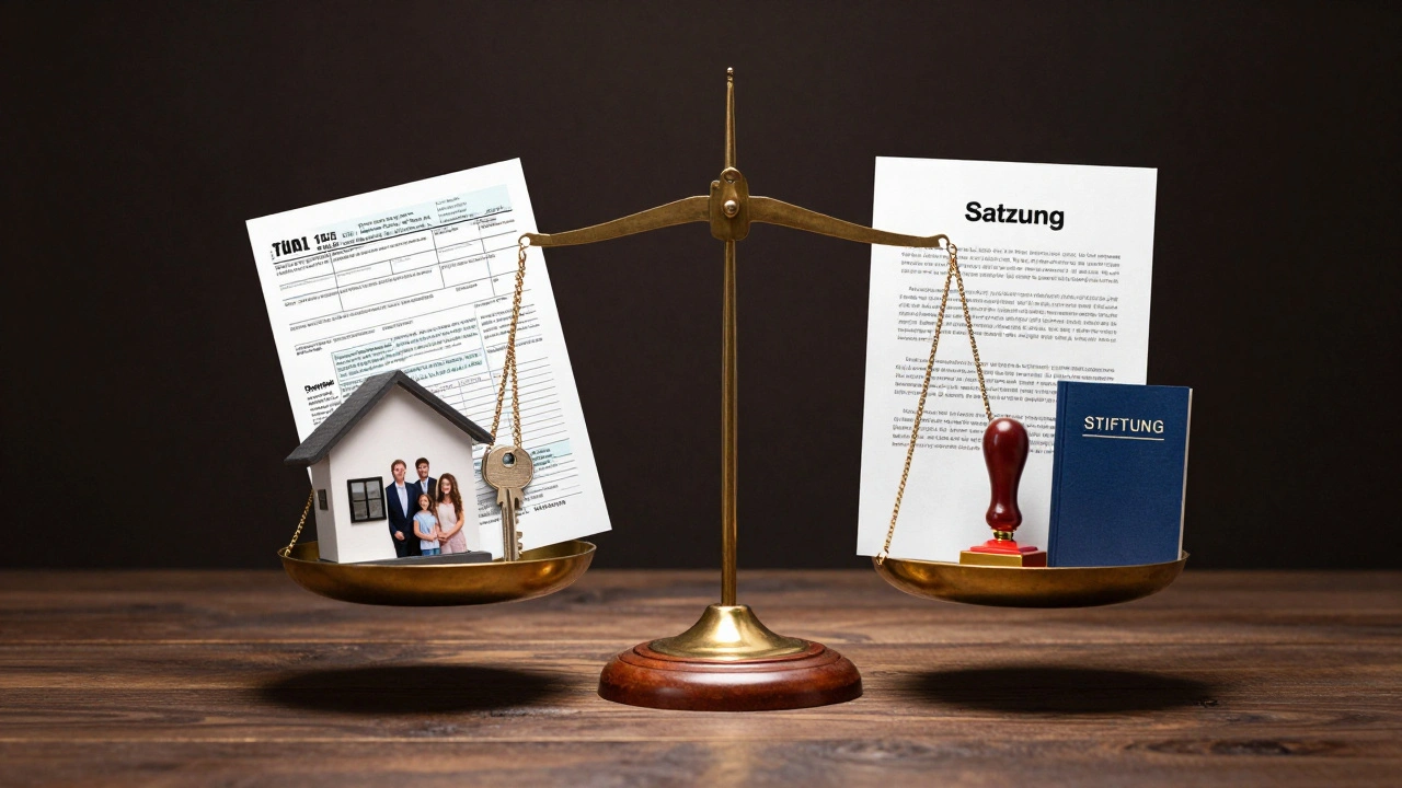 Waage mit Schlüssel, Steuerpapieren und Stiftungsurkunde im Gleichgewicht.