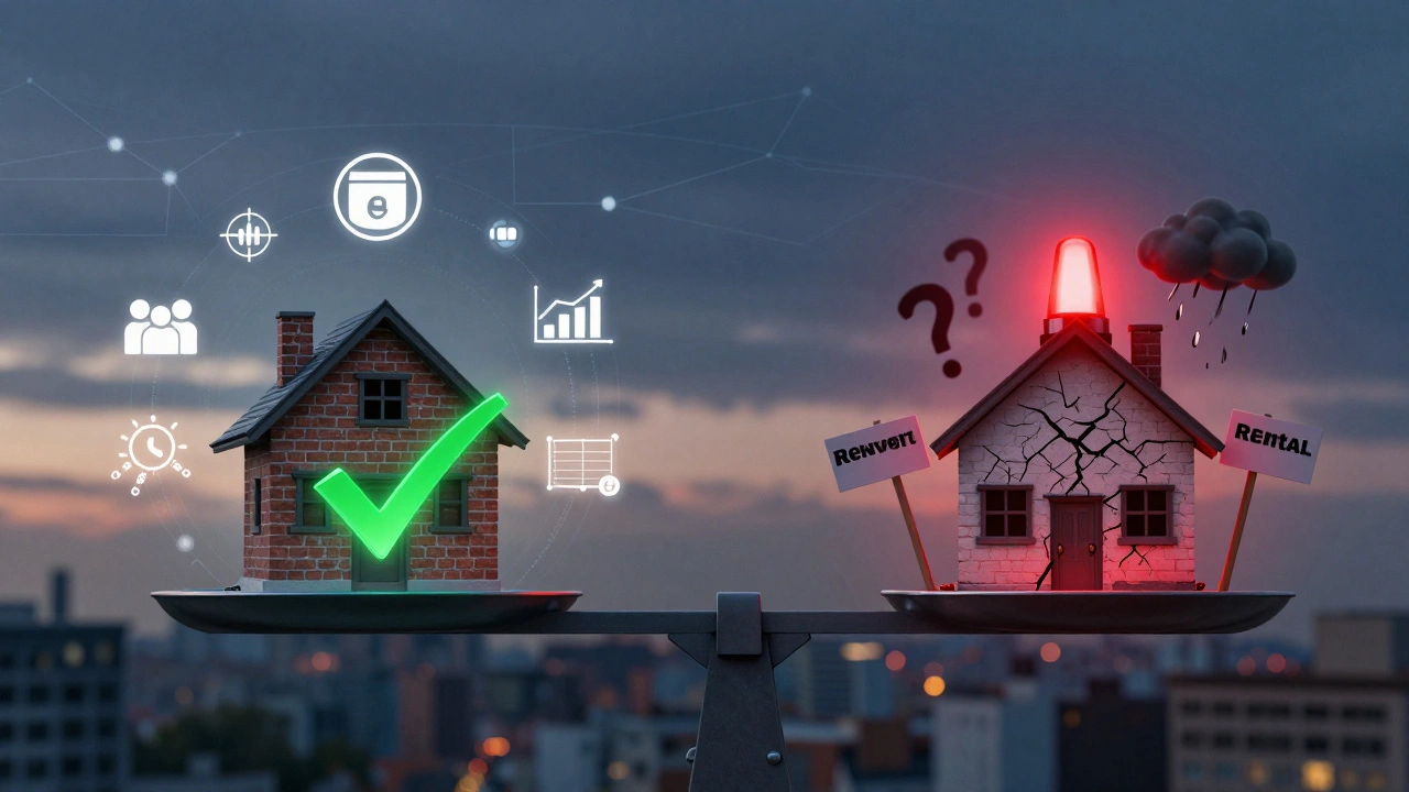 Waage zwischen einem sicheren Immobilieninvestment und einem risikoreichen, unanalysierten Kauf.