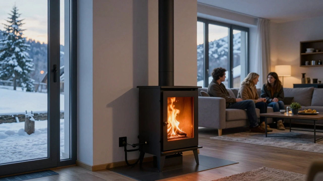 Wasserführender Kaminofen, der in die Zentralheizung eines modernen Hauses integriert ist, mit warmem Feuerlicht und großen Fenstern.