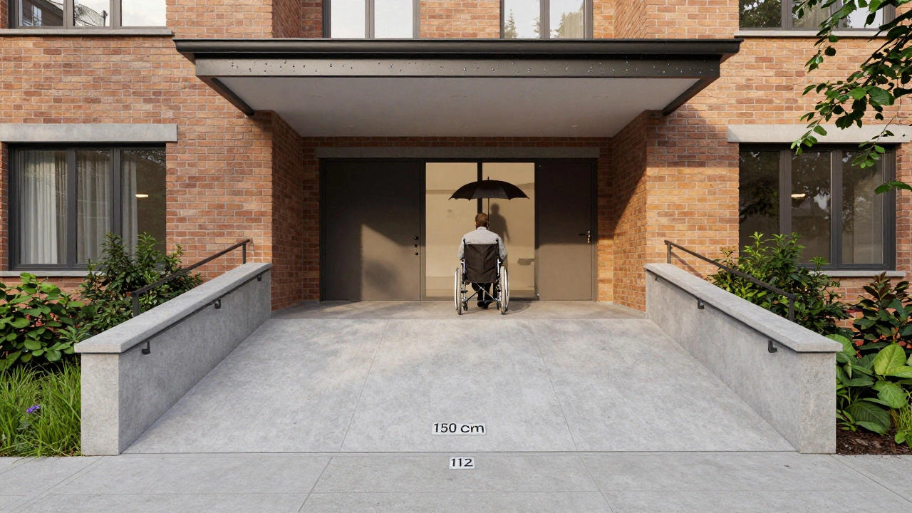 Zugänglicher Eingang mit sanfter Rampe, breitem Weg und überdachtem Bereich für Rollstuhlnutzer.