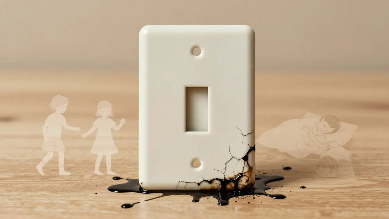 Bakelit-Schalter mit schwarzem, auslaufendem PCB-Rückstand auf Holz.