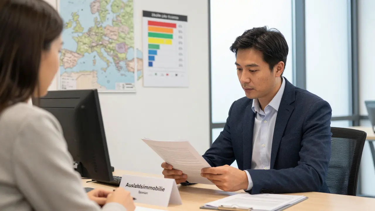 Bankberater in Hamburg prüft Dokumente zur Auslandsimmobilienfinanzierung.