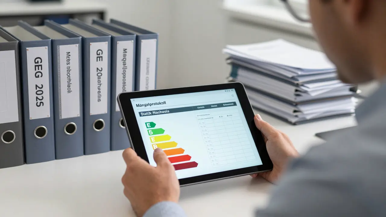 Behördenmitarbeiterin analysiert digitale Sanierungsunterlagen im Rathaus mit Fokus auf GEG 2025-Nachweise.