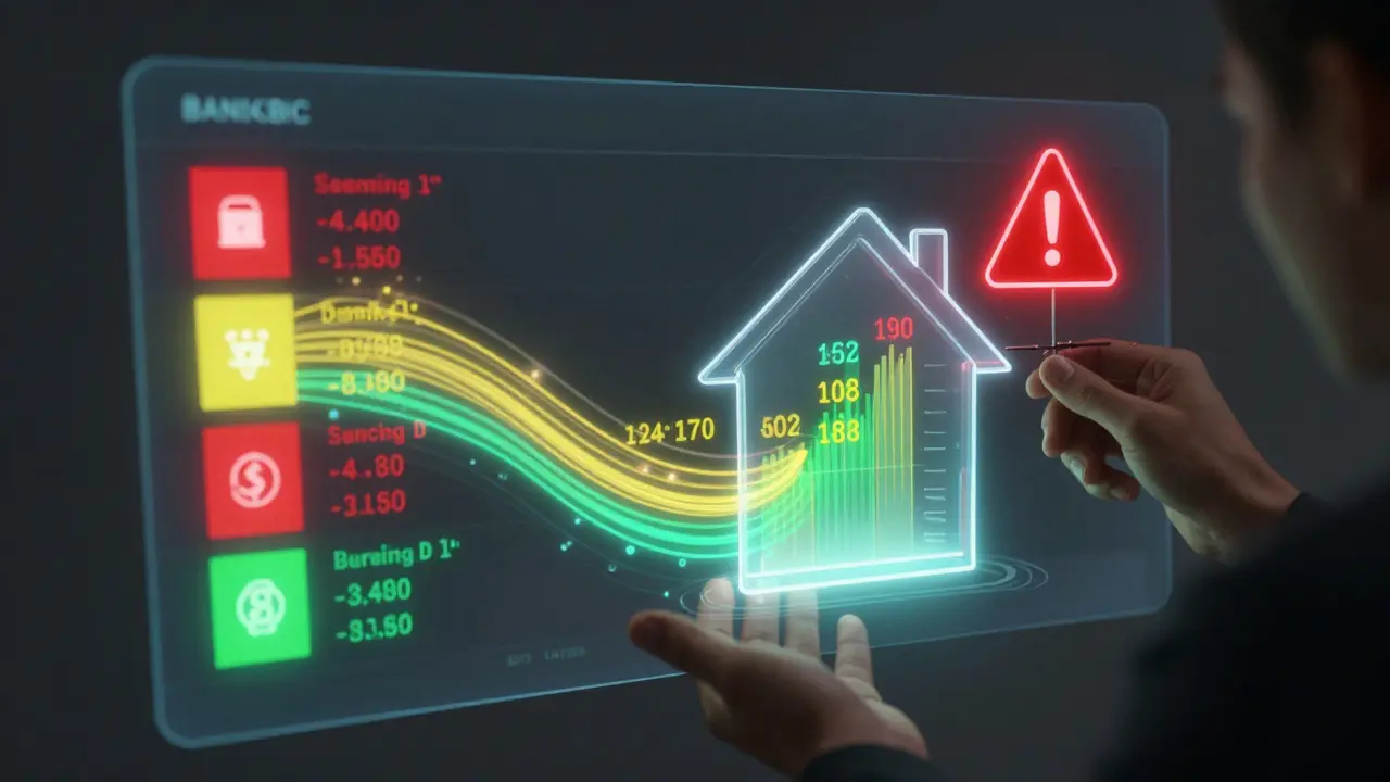 Digitale Bank-Analyse visualisiert Einkommen und Ausgaben als fließende Datenströme.