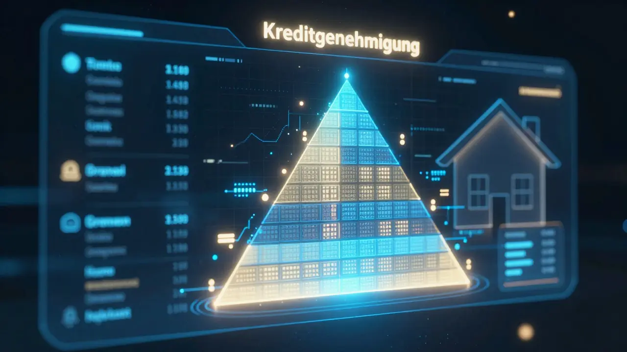 Digitales Dashboard mit KI, das Einkünfte und Ausgaben analysiert und einen Kredit genehmigt.