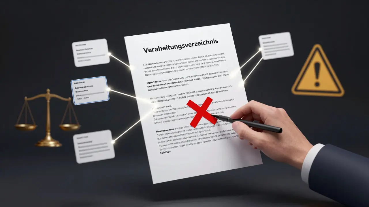 Ein lebendiges Verarbeitungsverzeichnis verbindet Datenpunkte, während sensible Gesundheitsdaten gelöscht werden.