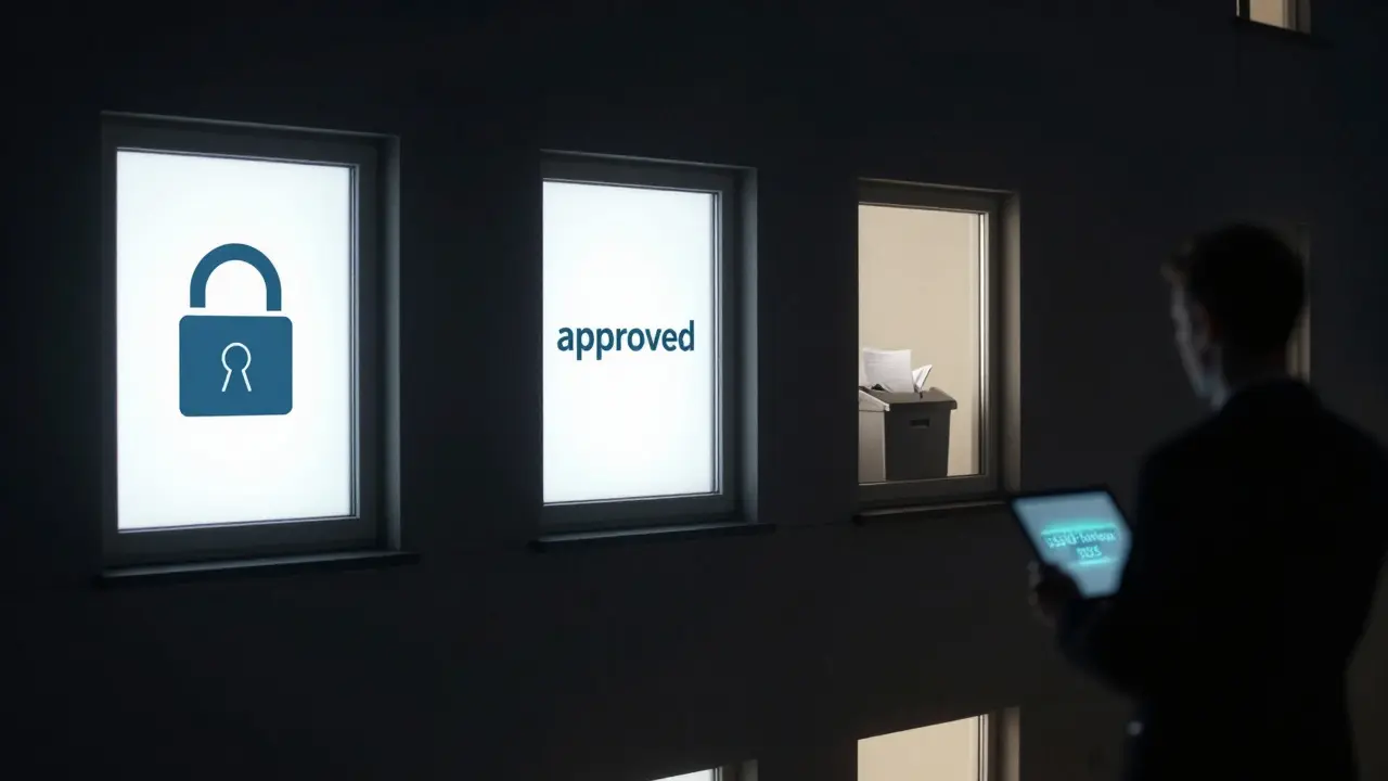 Ein Mehrfamilienhaus mit drei beleuchteten Fenstern: verschlüsseltes Portal, anonymes Protokoll und Papiervernichtung.