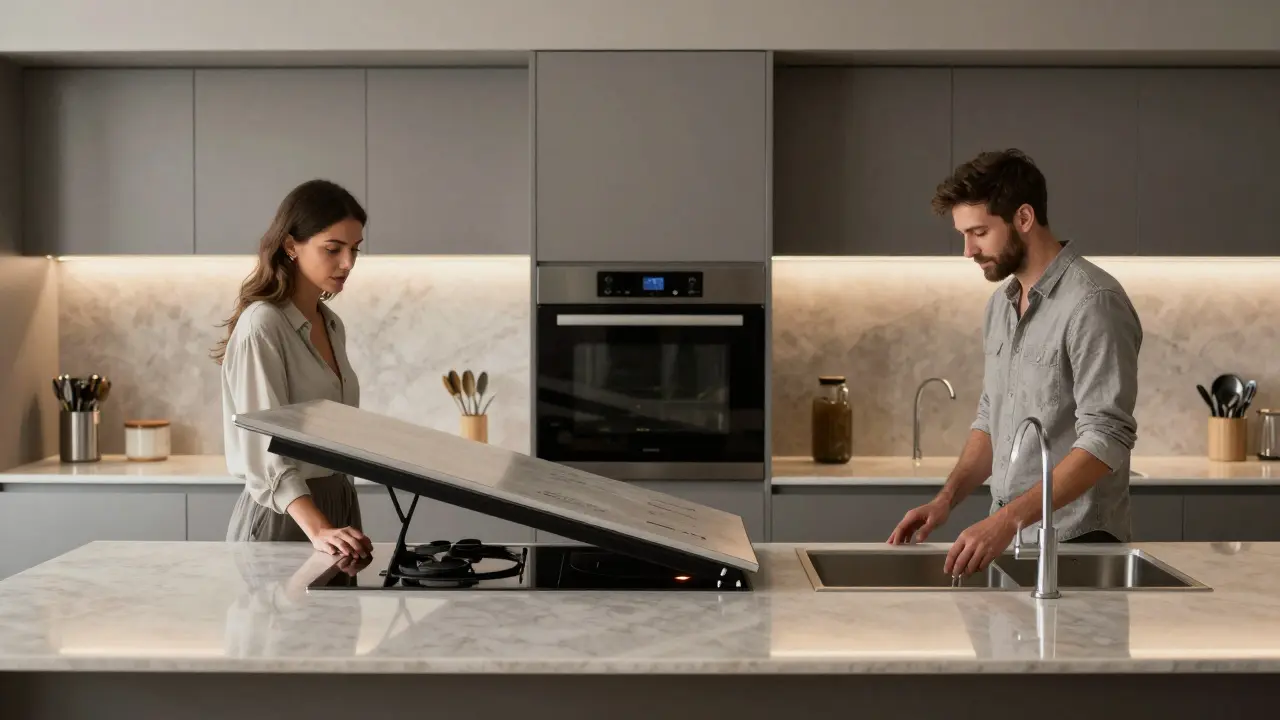 Elektrisch verstellbare Arbeitsplatte in einer modernen Küche, zwei Personen nutzen verschiedene Höhen.