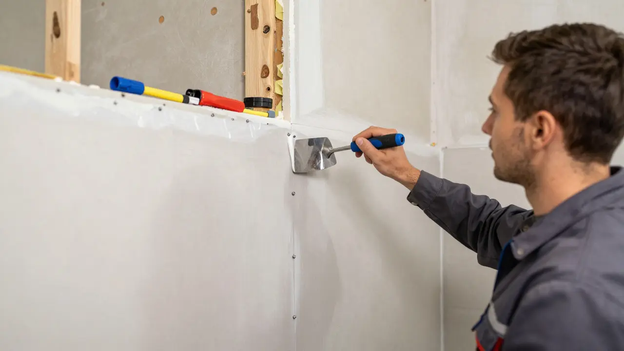 Fachmann verlegt eine wasserundurchlässige Abdichtung an einer Trockenbauwand mit Spachtelmasse.