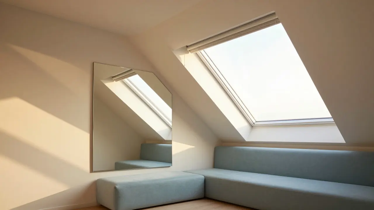 Großer Spiegel reflektiert Tageslicht in einem attic-Wohnzimmer mit heller Einrichtung und automatischen Dachfenstern, goldenes Abendlicht.