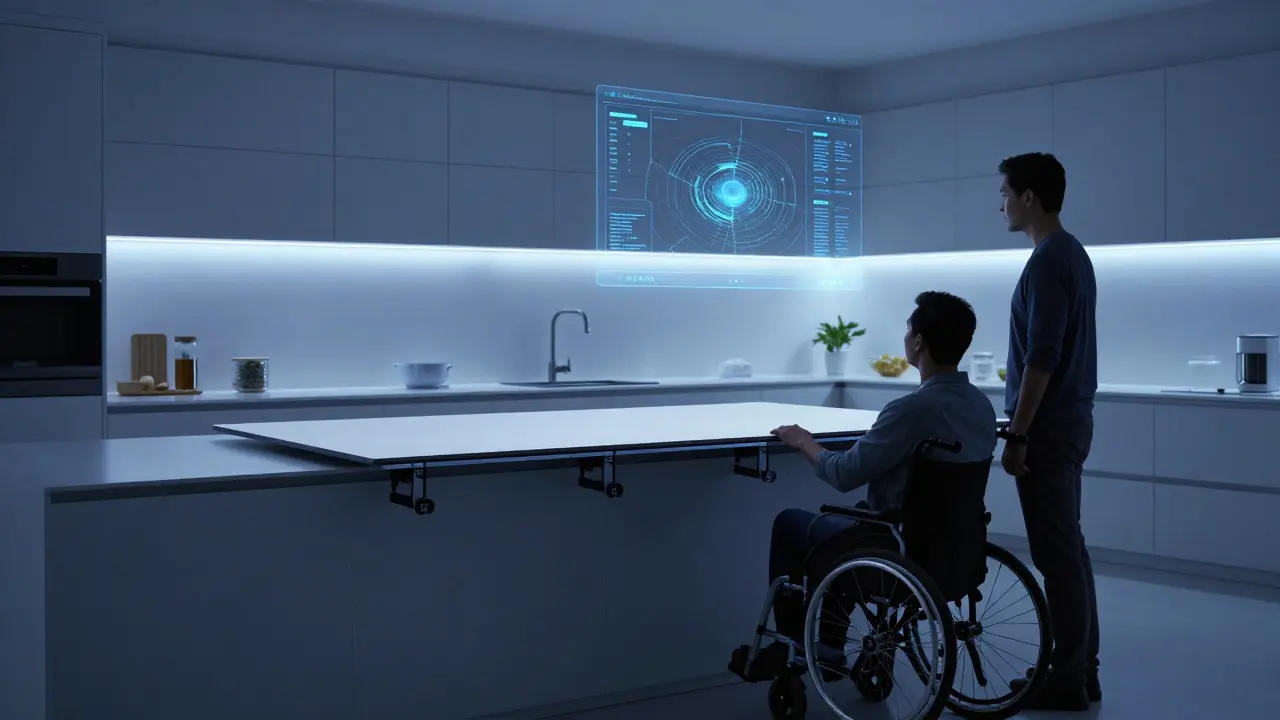 Höhenverstellbare Arbeitsplatte senkt sich elektrisch, zwei Nutzer beobachten die Anpassung.