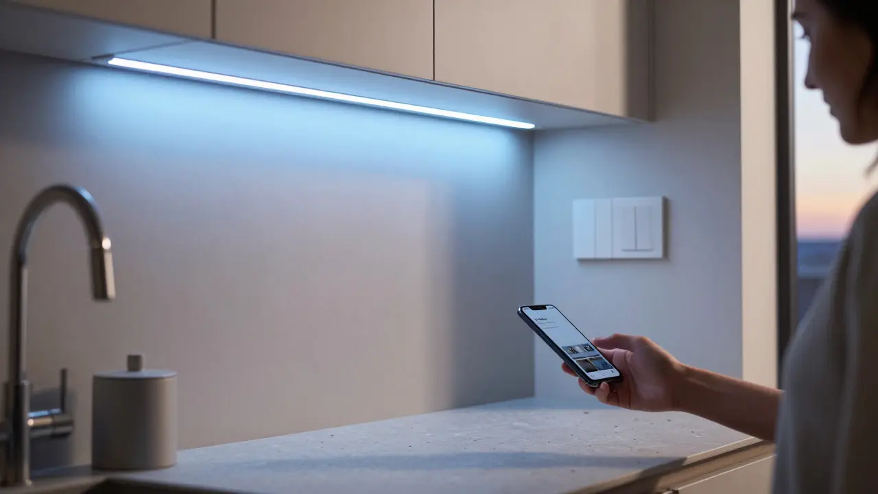 Küchenunterschrankbeleuchtung mit smartem LED-Strip, Person steuert Licht am Smartphone, Bewegungssensor erkennt Anwesenheit.