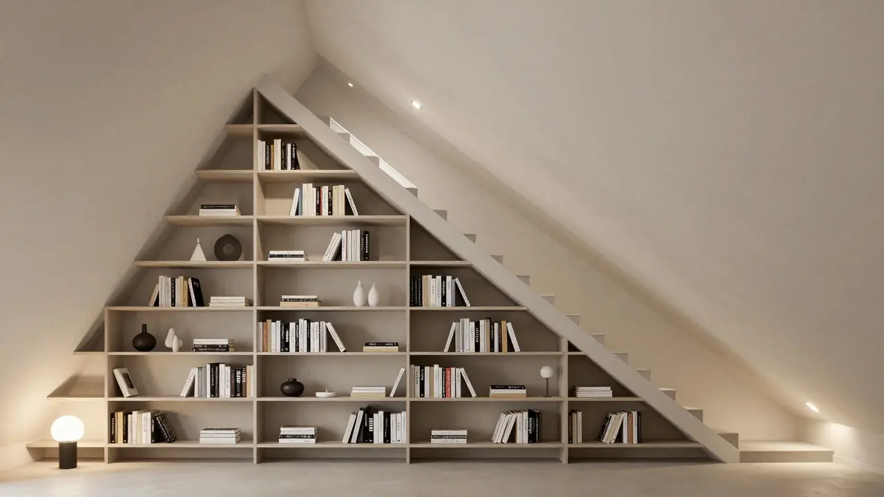 Maßgeschneidertes Regalsystem entlang der Dachschräge mit variierenden Fächertiefen und dreieckigen Stützen, integriert in die Raumstruktur.