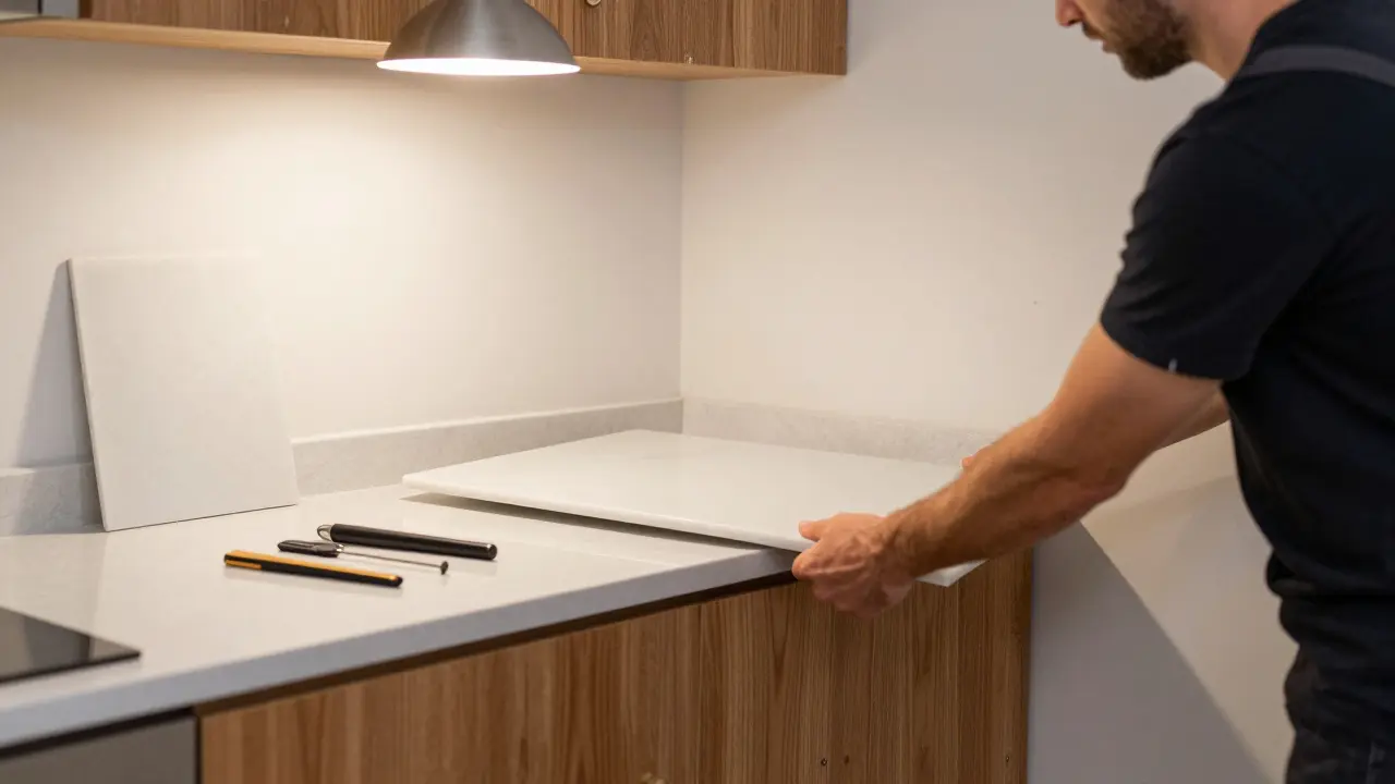 Mieter entfernt abnehmbare Arbeitsplatte aus der Mietküche, ohne Wandbeschädigungen, Originalplatte liegt bereit.