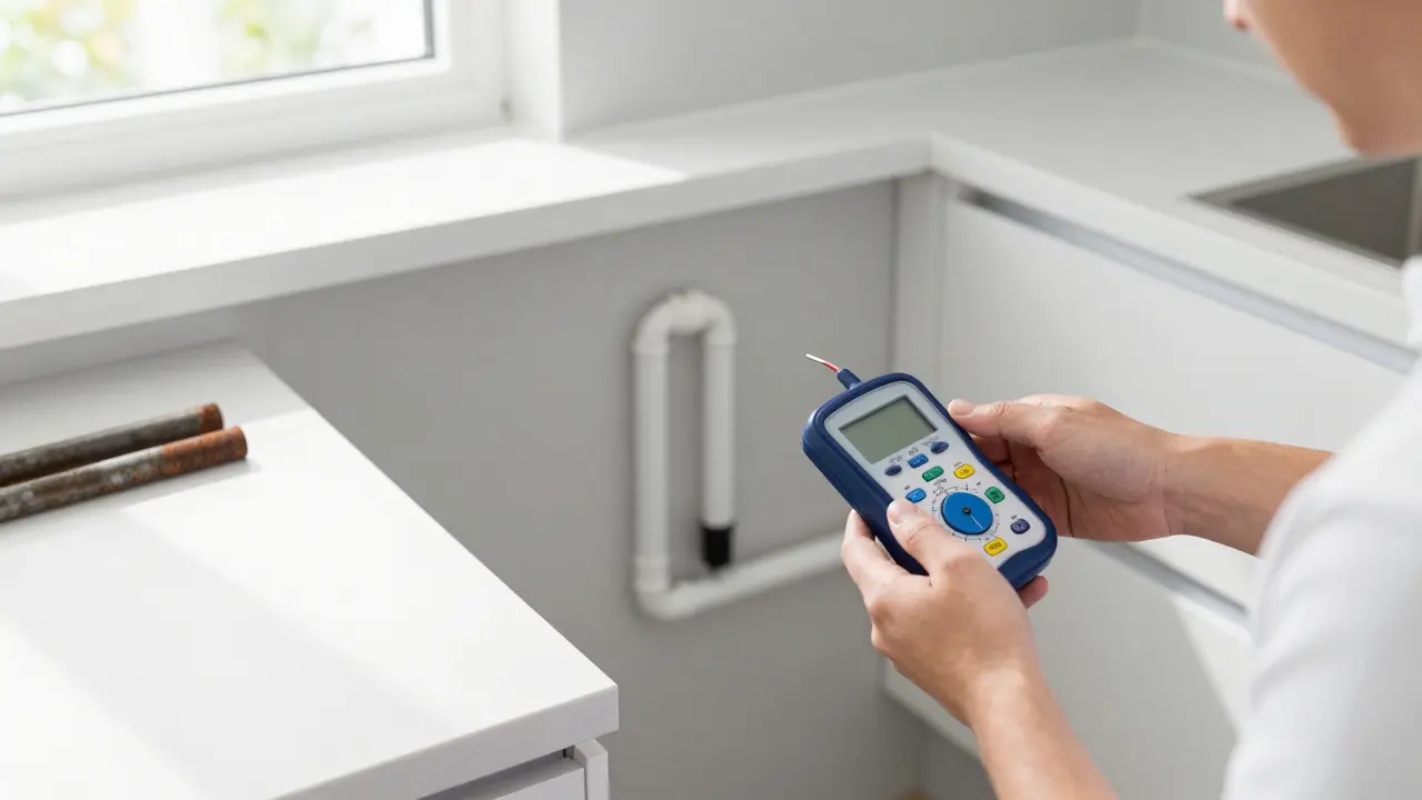 Moderne Sanierung mit PEX-Rohren, Techniker mit Wasseranalysegerät in einer hellen Küche.