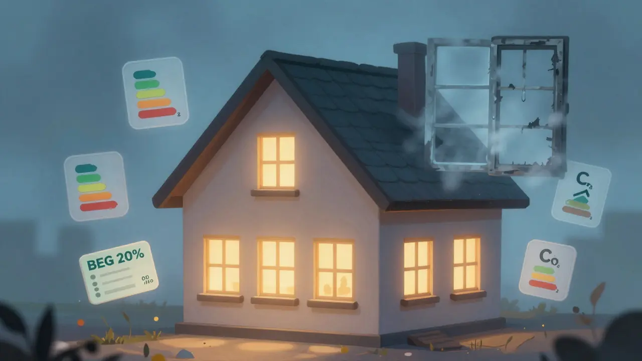 Modernes Fenster mit Wärmegewinn und Förderung, während altes Fenster in Nebel verschwindet.