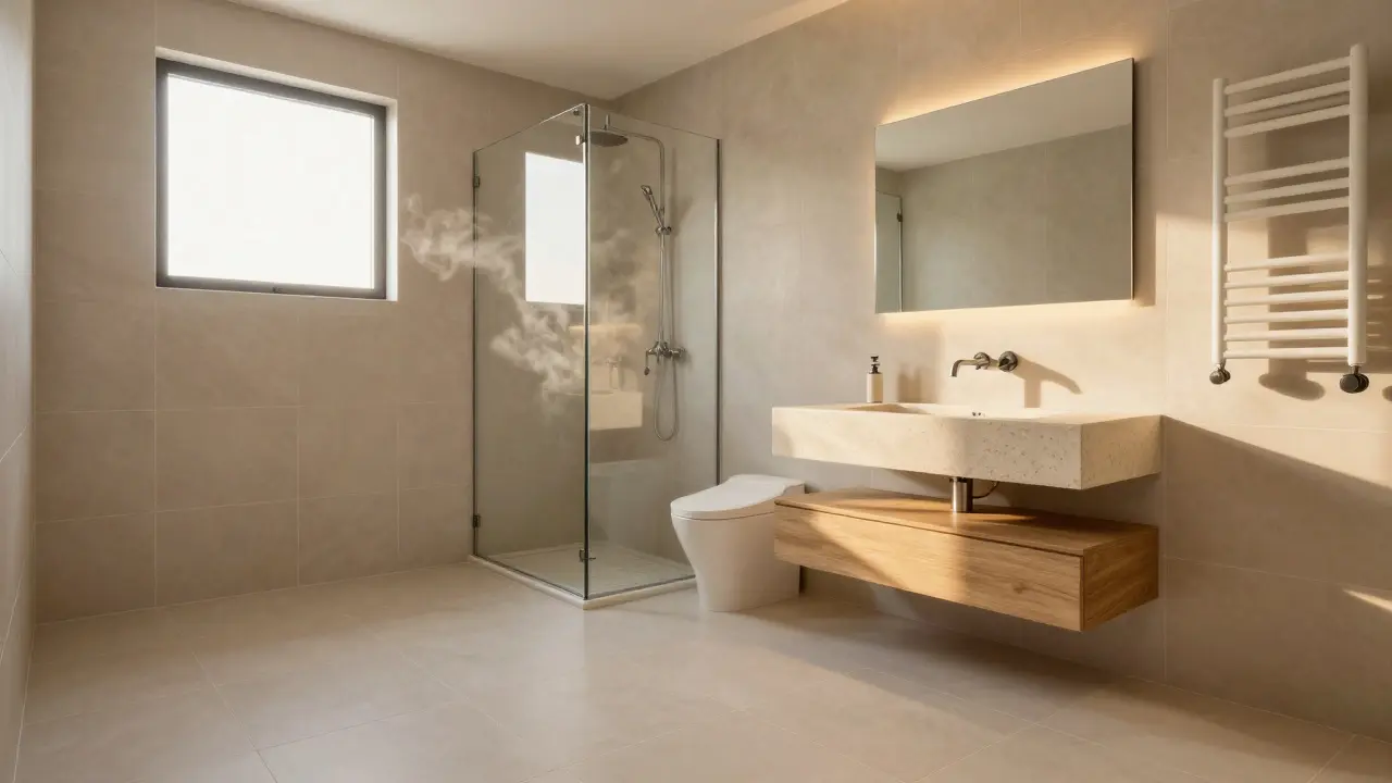 Modernes, lichtdurchflutetes Badezimmer mit großformatigen Fliesen und edlen Armaturen im fertigen Zustand.