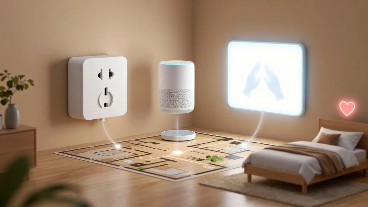 Modulares Smart-Home-System mit Sensoren und Sprachsteuerung in harmonischer Anordnung.