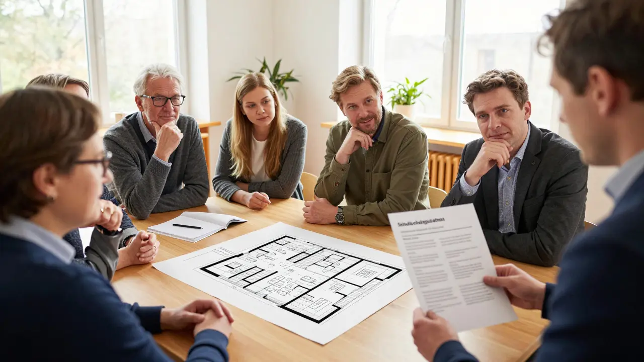 Nachbarn in einer WEG-Sitzung, besprechen Lärmgutachten und Nutzungsänderung