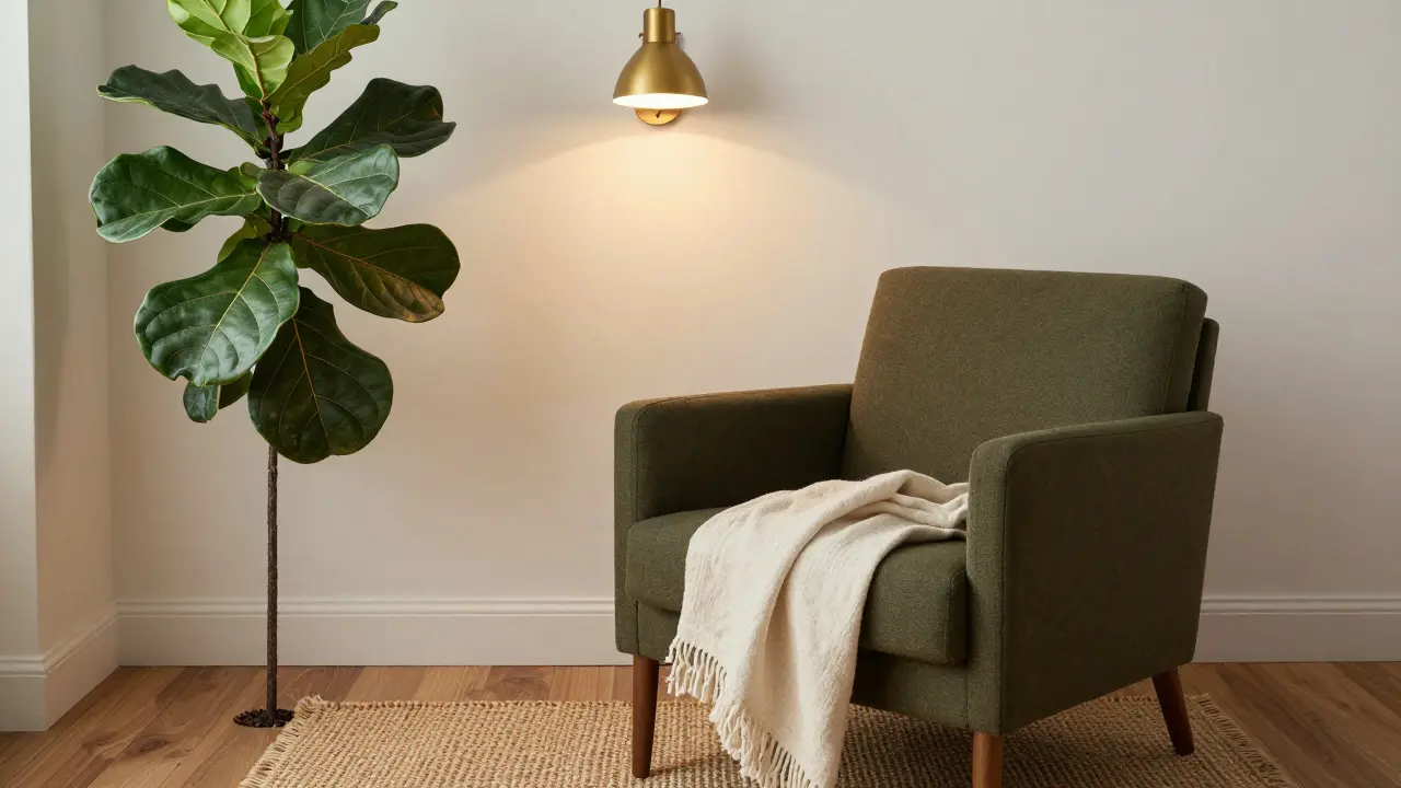 Olivgrüner Sessel mit cremem Wolldecke, Pflanze und warmem Wandlicht