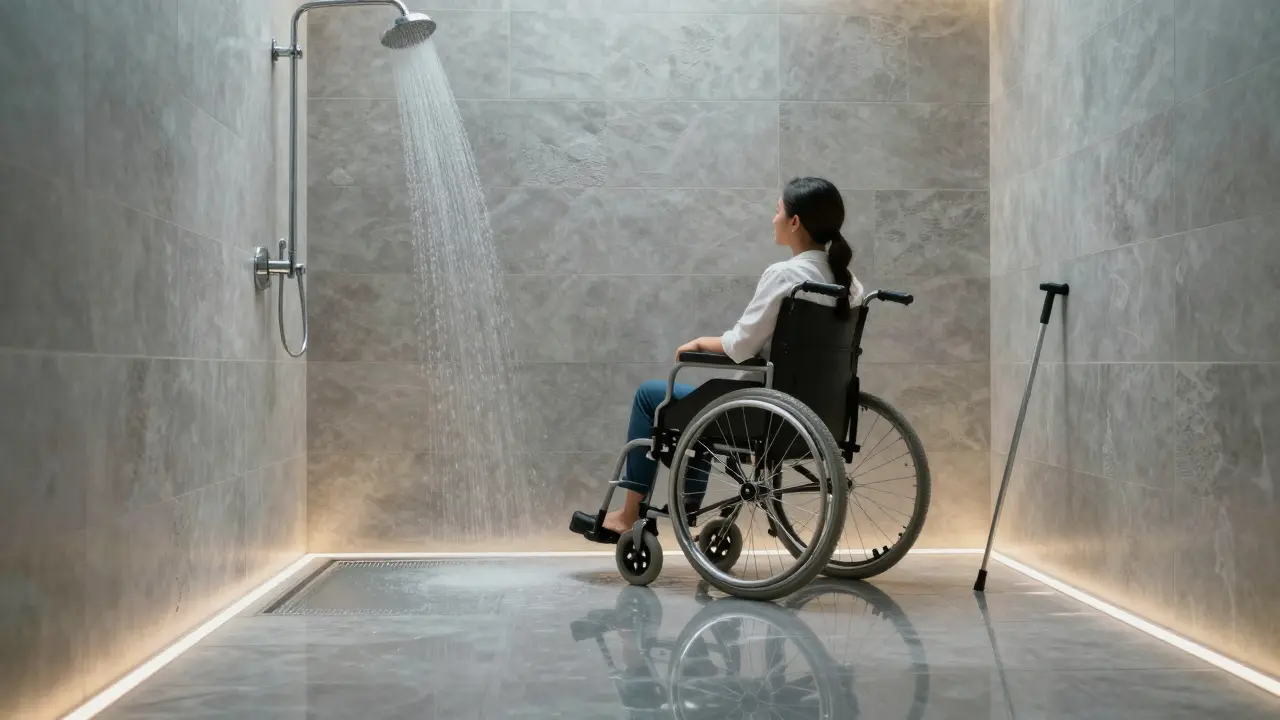 Person im Rollstuhl fährt sicher in eine bodengleiche Dusche, ohne Schwelle, mit rutschhemmenden Fliesen und sanfter Beleuchtung.