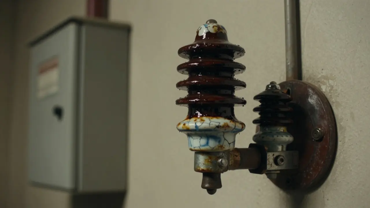 Porzellan-Isolator mit dunklem, öligem Schmierfilm an einer Wandmontage.