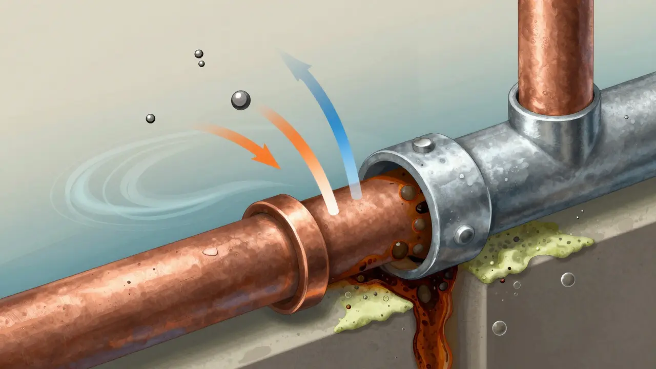 Querschnitt einer Korrosion an der Verbindung zwischen Kupfer- und Stahlrohr mit elektrischem Stromfluss.
