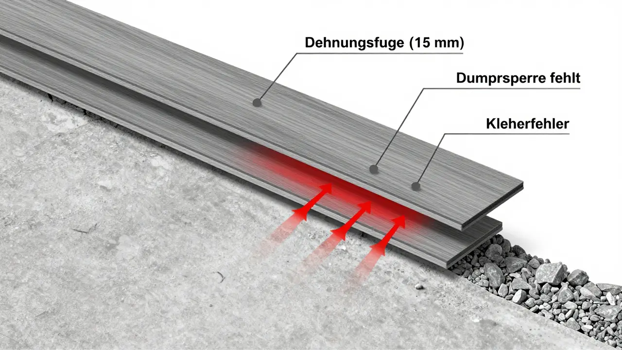 Querschnitt eines falsch verlegten Vinylbodens ohne Dampfsperre und unzureichender Dehnungsfuge.