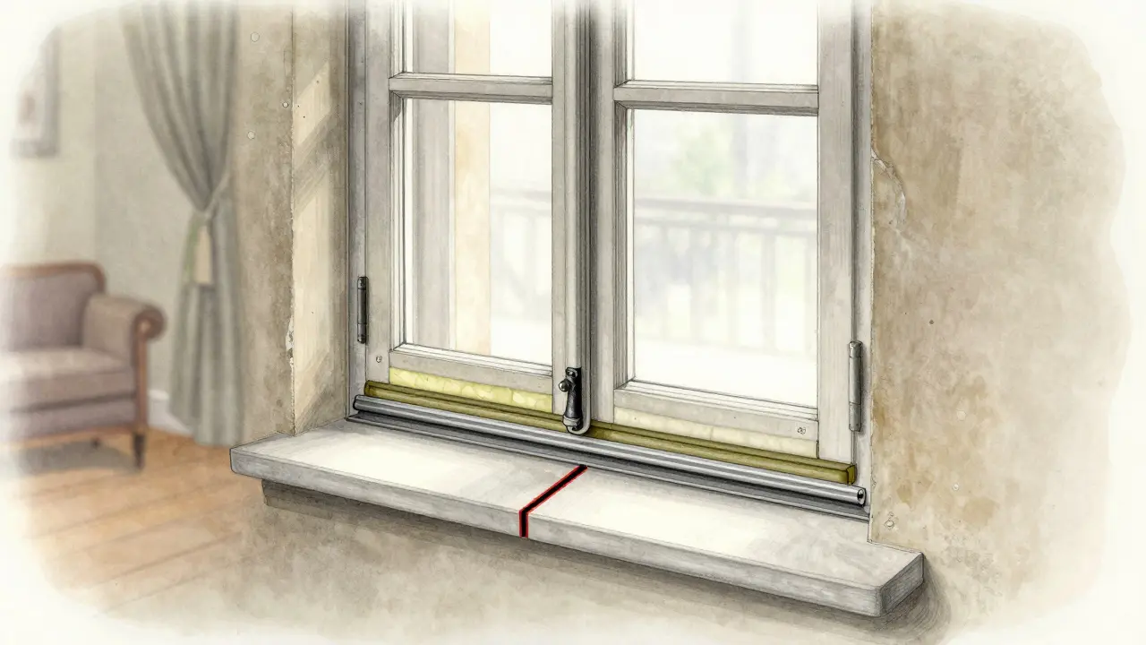 Schnittansicht eines dreilagigen Dichtungssystems an einem Holzfenster mit unsymmetrischer Laibung.