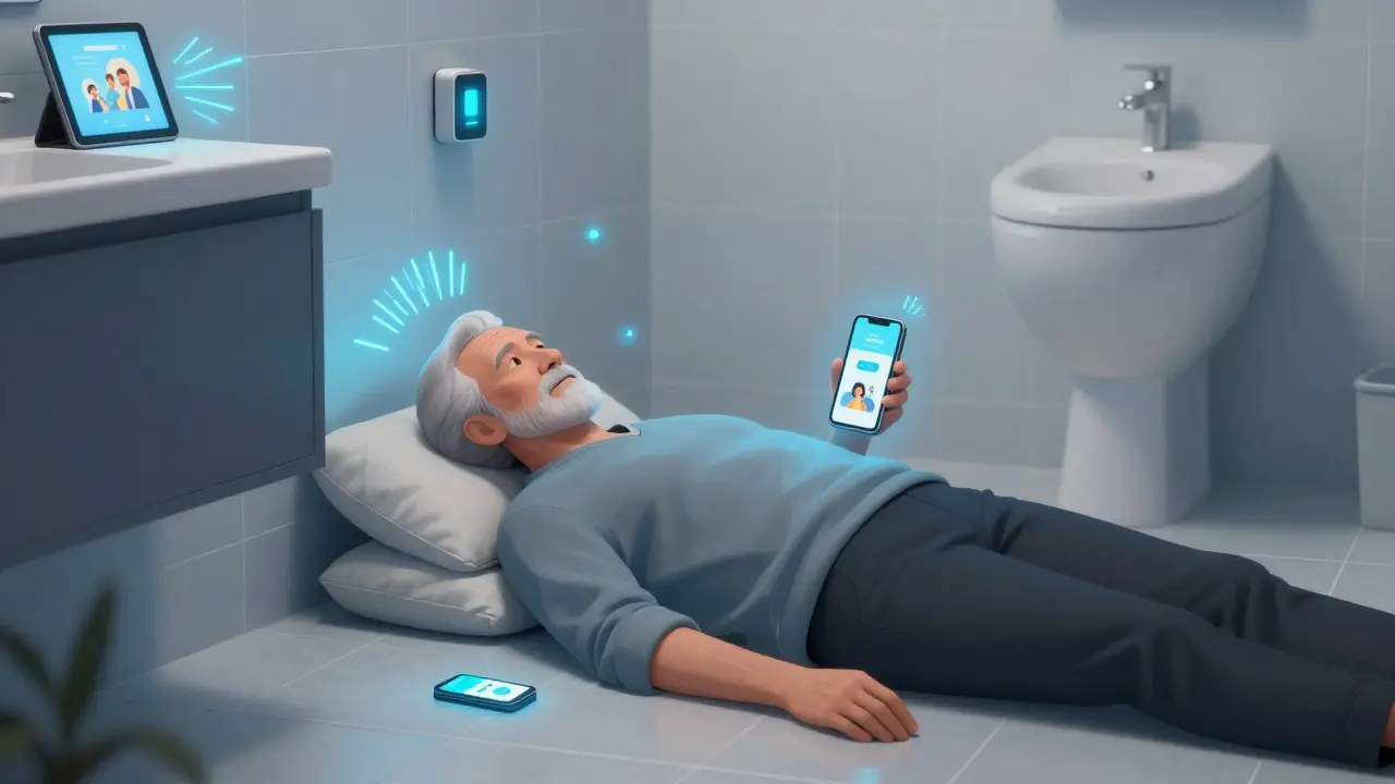 Senioren im Badezimmer, von unsichtbaren Sensoren überwacht, ohne Kameras.