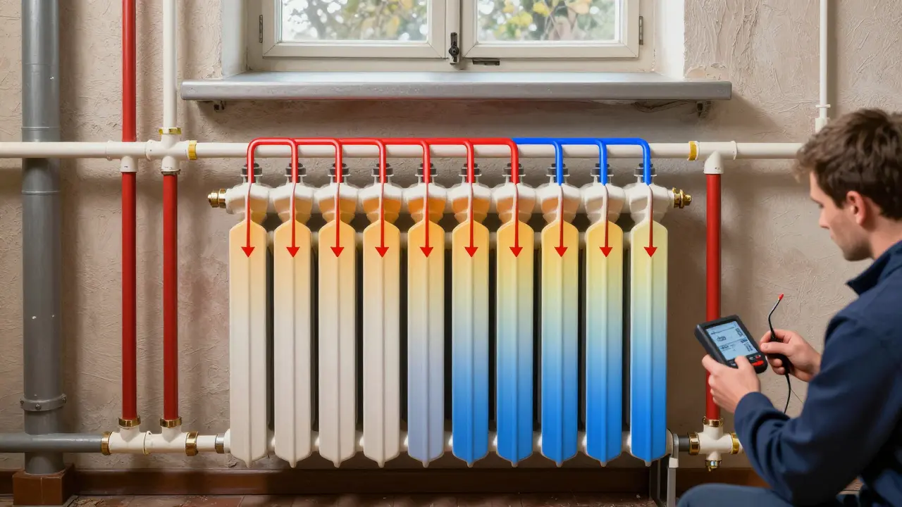 Technische Darstellung eines hydraulisch abgeglichenen Heizsystems mit gleichmäßiger Wärmeverteilung in einem Altbau.